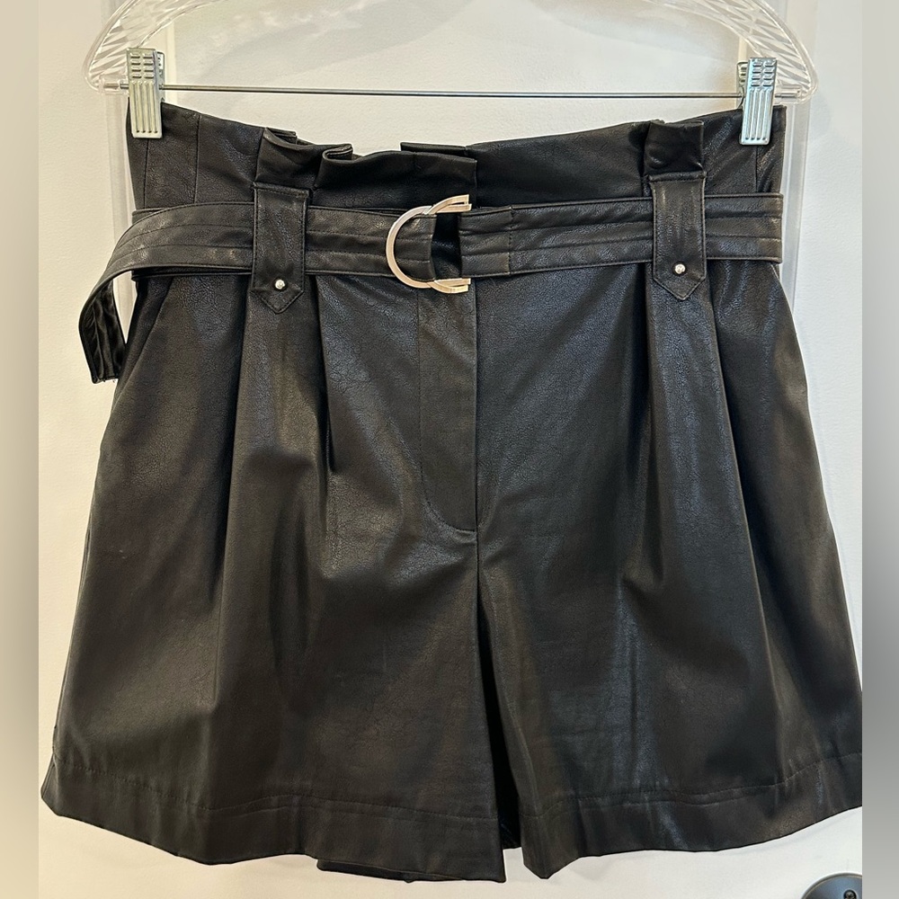 Zara, Black Faux Leather Paperbag Waist Shorts with Belt, Sz. M